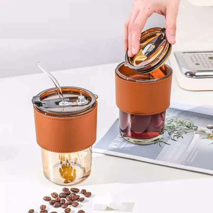 Glass Tumbler with Straw, Lid & Leather Sleeve