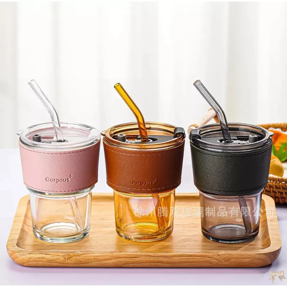Glass Tumbler with Straw, Lid & Leather Sleeve