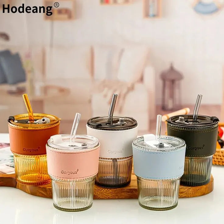 Glass Tumbler with Straw, Lid & Leather Sleeve