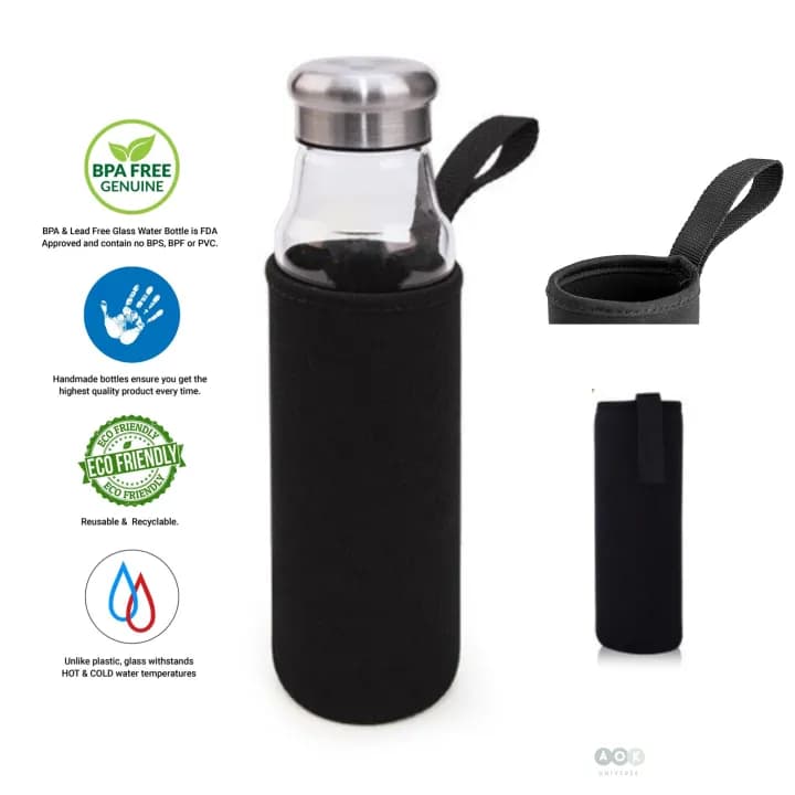Glass Water Bottle Hydrate in style with the 550ml Borosilicate with cover