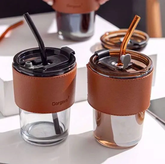 Glass Tumbler with Straw, Lid & Leather Sleeve, Masson Jars Slub Glass Reusable Eco Friendly Glass Coffee Mug Tea Mug Tumbler