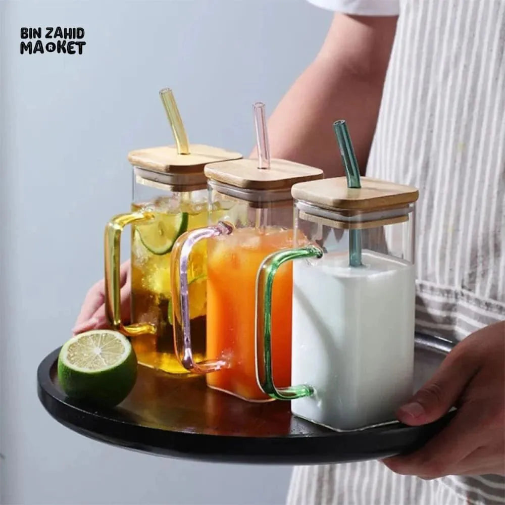 1pc Square Glass Drinking Cup with Bamboo Lid - Versatile for Coffee, Tea, Juice, Water | Colorful Beverage Display | Ideal for Kitchen and Dining Use, Coffee Mug