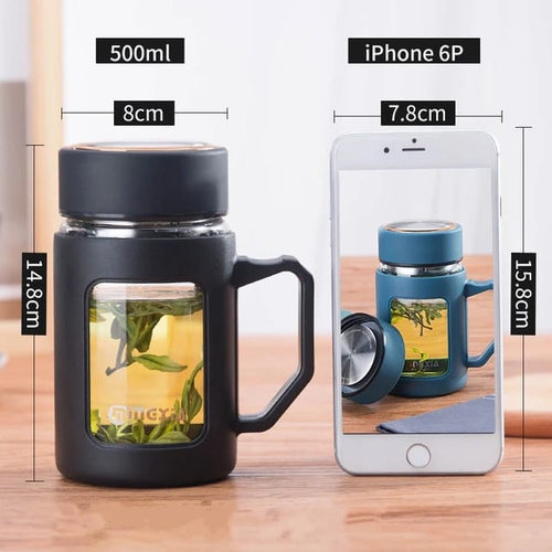500ml Double Layer Glass Mug with Handle | Office Tea Mug with Strainer | Heat-Resistant Water Cup | Coffee & Herbal Infuser Cup