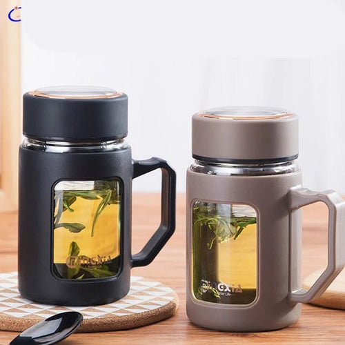 500ml Double Layer Glass Mug with Handle | Office Tea Mug with Strainer | Heat-Resistant Water Cup | Coffee & Herbal Infuser Cup