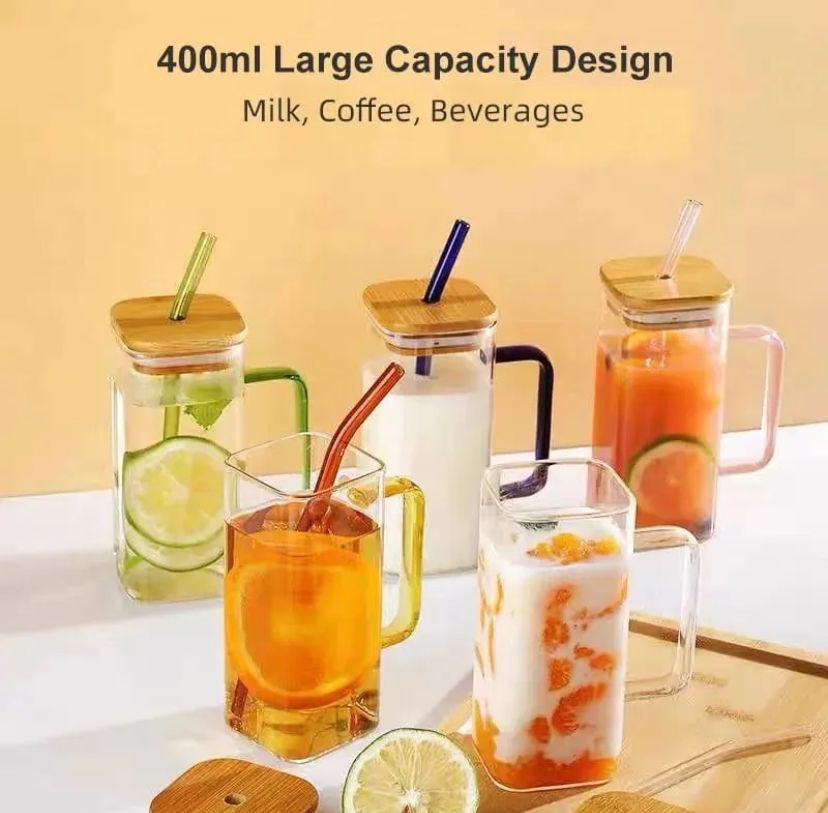 1pc Square Glass Drinking Cup with Bamboo Lid - Versatile for Coffee, Tea, Juice, Water | Colorful Beverage Display | Ideal for Kitchen and Dining Use, Coffee Mug