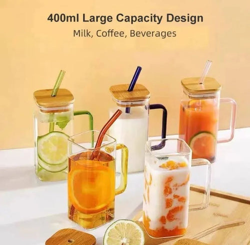 1pc Square Glass Drinking Cup with Bamboo Lid - Versatile for Coffee, Tea, Juice, Water | Colorful Beverage Display | Ideal for Kitchen and Dining Use, Coffee Mug
