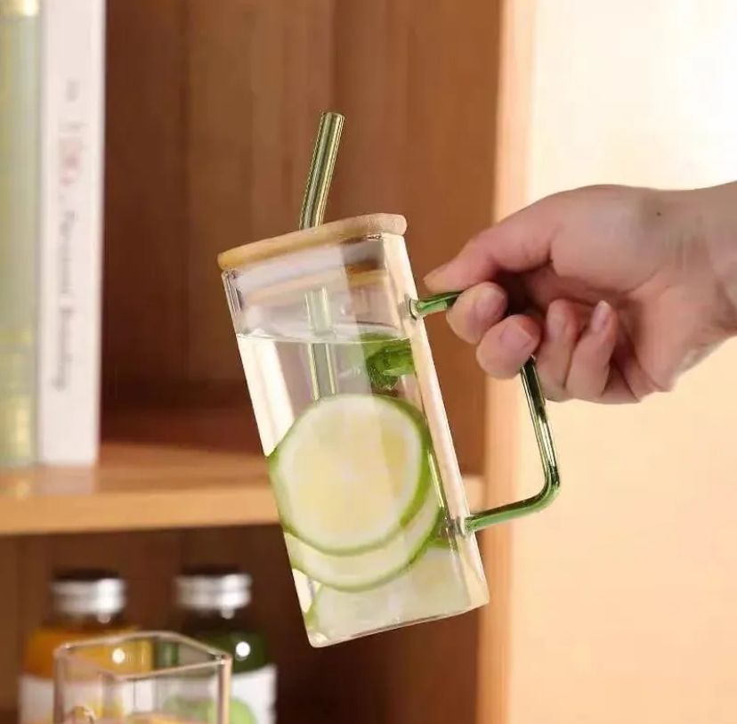 1pc Square Glass Drinking Cup with Bamboo Lid - Versatile for Coffee, Tea, Juice, Water | Colorful Beverage Display | Ideal for Kitchen and Dining Use, Coffee Mug