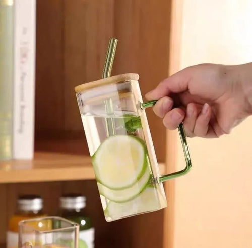 1pc Square Glass Drinking Cup with Bamboo Lid - Versatile for Coffee, Tea, Juice, Water | Colorful Beverage Display | Ideal for Kitchen and Dining Use, Coffee Mug