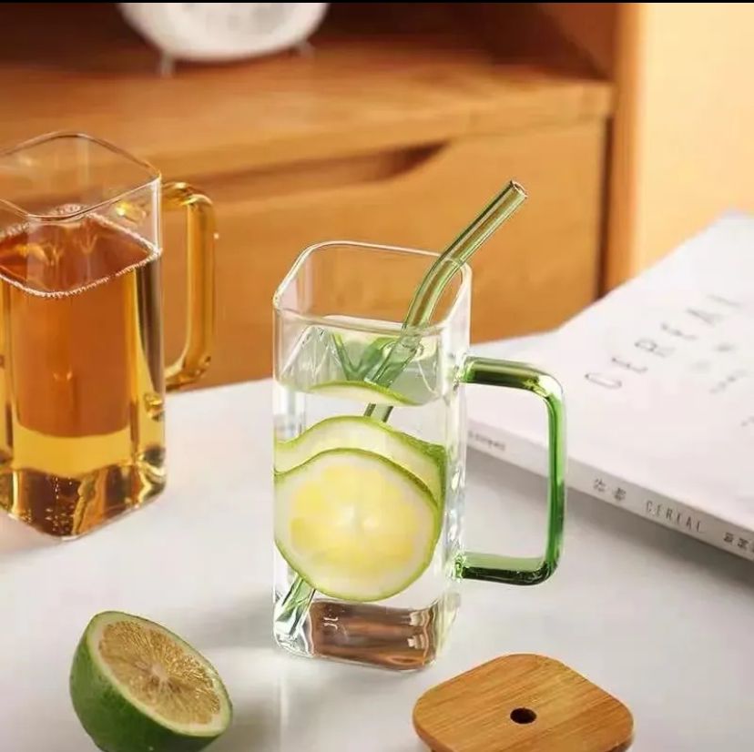 1pc Square Glass Drinking Cup with Bamboo Lid - Versatile for Coffee, Tea, Juice, Water | Colorful Beverage Display | Ideal for Kitchen and Dining Use, Coffee Mug