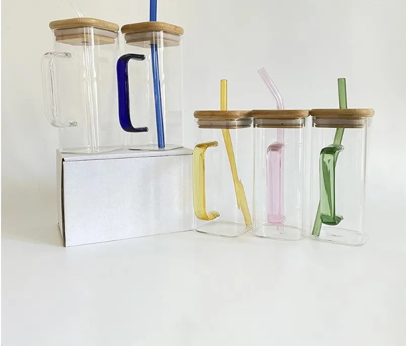 1pc Square Glass Drinking Cup with Bamboo Lid - Versatile for Coffee, Tea, Juice, Water | Colorful Beverage Display | Ideal for Kitchen and Dining Use, Coffee Mug