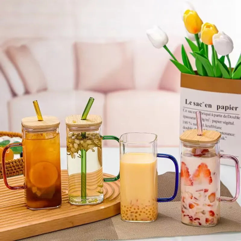 1pc Square Glass Drinking Cup with Bamboo Lid - Versatile for Coffee, Tea, Juice, Water | Colorful Beverage Display | Ideal for Kitchen and Dining Use, Coffee Mug