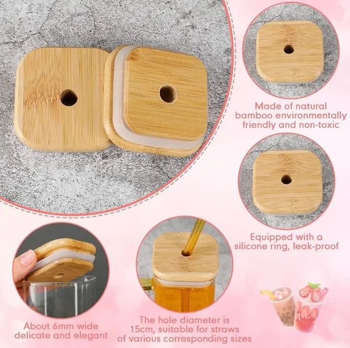 1pc Square Glass Drinking Cup with Bamboo Lid - Versatile for Coffee, Tea, Juice, Water | Colorful Beverage Display | Ideal for Kitchen and Dining Use, Coffee Mug